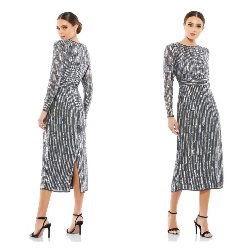 NWT MAC DUGGAL Charcoal Beaded Embellished High Neck Long Sleeve Fitted Dress